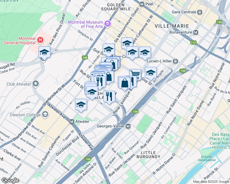 map of restaurants, bars, coffee shops, grocery stores, and more near 1840 Rue Baile in Montréal