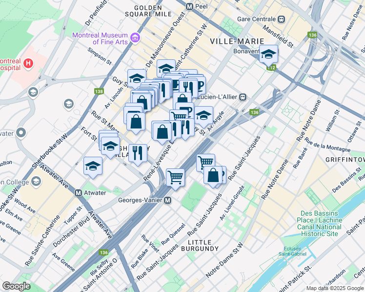 map of restaurants, bars, coffee shops, grocery stores, and more near 1077 Saint Mathieu Street in Montreal