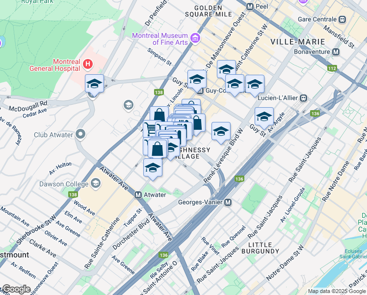 map of restaurants, bars, coffee shops, grocery stores, and more near 1920 Rue Sainte-Catherine Est in Montréal
