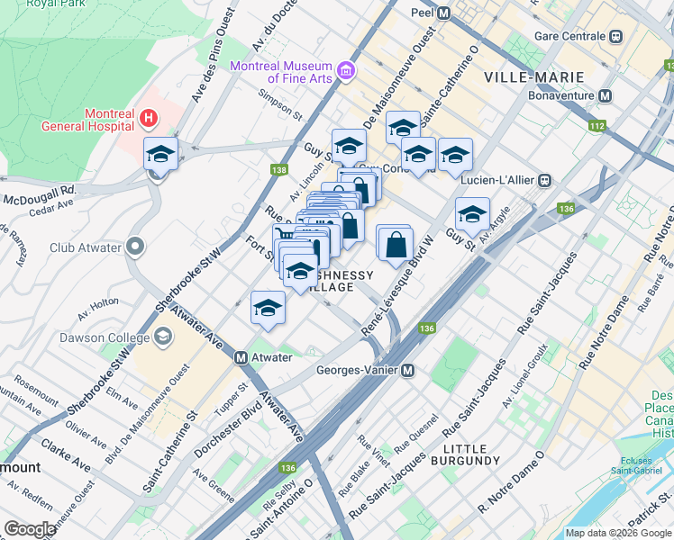 map of restaurants, bars, coffee shops, grocery stores, and more near 1254 Rue Saint-Marc in Montréal