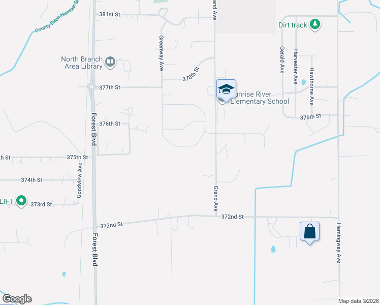 map of restaurants, bars, coffee shops, grocery stores, and more near 37490 Grand Avenue in North Branch