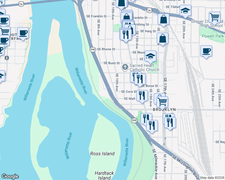 map of restaurants, bars, coffee shops, grocery stores, and more near 4249 Southeast 9th Avenue in Portland