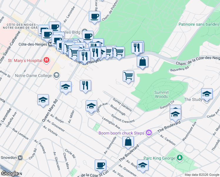 map of restaurants, bars, coffee shops, grocery stores, and more near 54 Avenue Oakland in Westmount