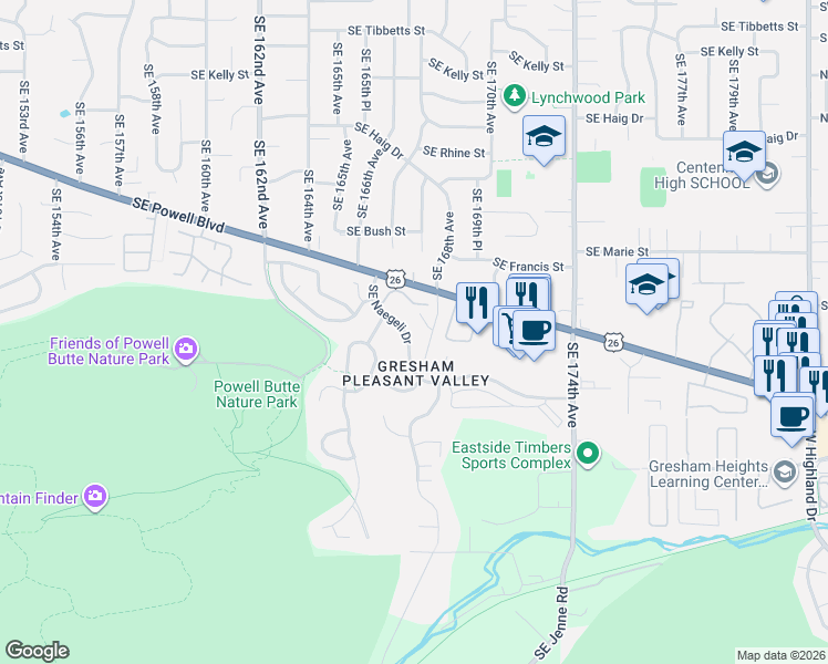 map of restaurants, bars, coffee shops, grocery stores, and more near 16710 Southeast Naegeli Drive in Portland