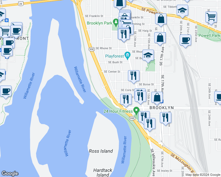map of restaurants, bars, coffee shops, grocery stores, and more near 4315 Southeast McLoughlin Boulevard in Portland
