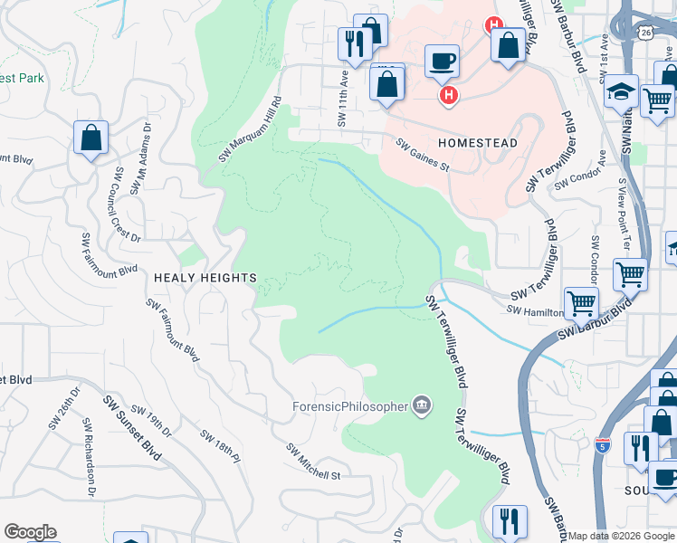 map of restaurants, bars, coffee shops, grocery stores, and more near 4320 South Corbett Avenue in Portland