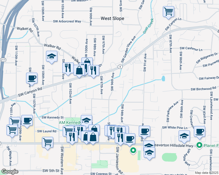 map of restaurants, bars, coffee shops, grocery stores, and more near 3830 Southwest 97th Avenue in Portland