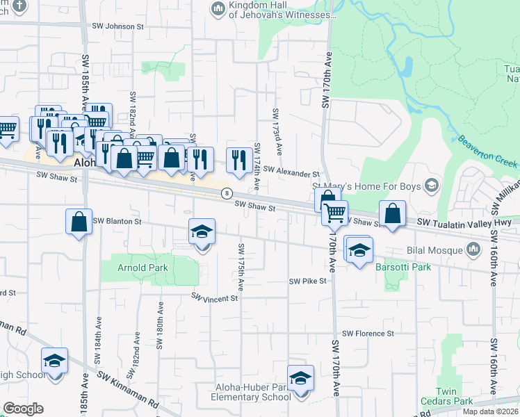 map of restaurants, bars, coffee shops, grocery stores, and more near 17361 Southwest Carson Court in Beaverton