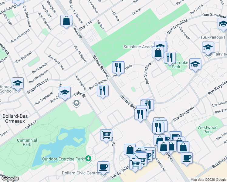 map of restaurants, bars, coffee shops, grocery stores, and more near 4030 Boulevard des Sources in Dollard-des-Ormeaux