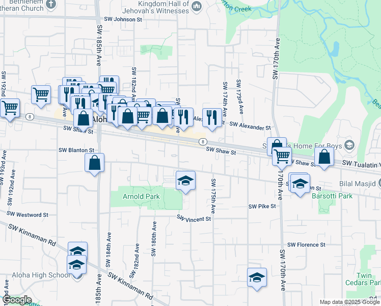 map of restaurants, bars, coffee shops, grocery stores, and more near 17700 Southwest Shaw Street in Beaverton