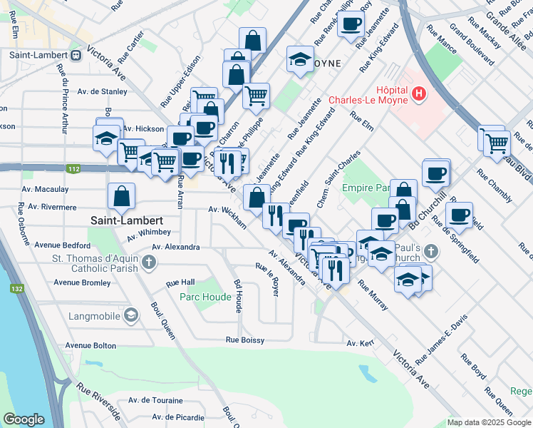 map of restaurants, bars, coffee shops, grocery stores, and more near 1298 Avenue Victoria in Longueuil