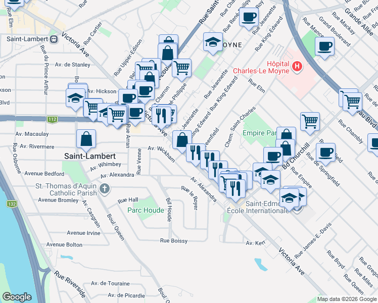 map of restaurants, bars, coffee shops, grocery stores, and more near 1284 Avenue Victoria in Longueuil