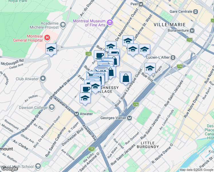 map of restaurants, bars, coffee shops, grocery stores, and more near 1254 Rue Saint Marc in Montréal