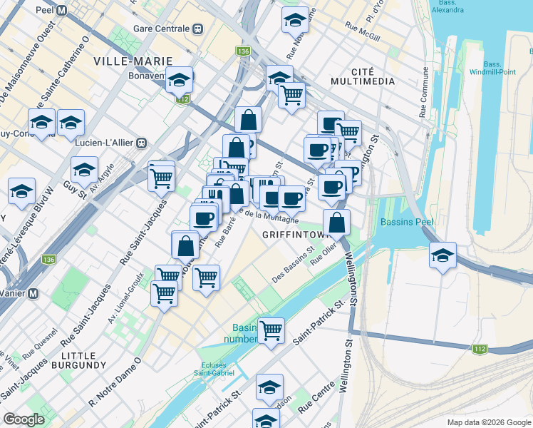 map of restaurants, bars, coffee shops, grocery stores, and more near 305 Rue de la Montagne in Montréal