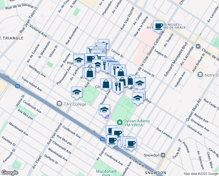 map of restaurants, bars, coffee shops, grocery stores, and more near 4865 Avenue Bourret in Montréal