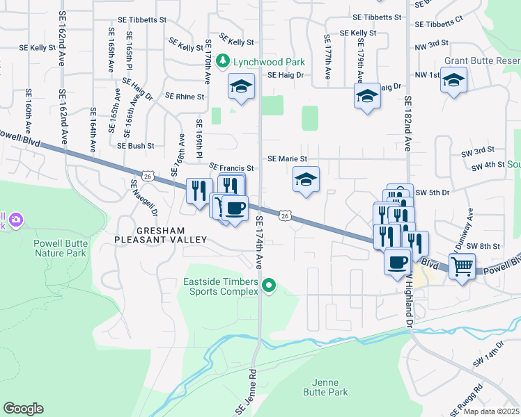 map of restaurants, bars, coffee shops, grocery stores, and more near SE Powell Blvd & SE 174th Ave in Portland