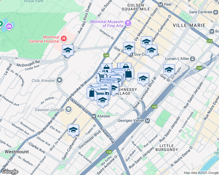 map of restaurants, bars, coffee shops, grocery stores, and more near 1445 Fort Street in Montreal