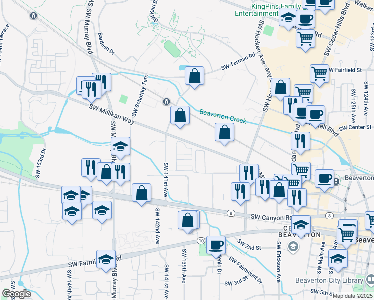 map of restaurants, bars, coffee shops, grocery stores, and more near 505 East Street in Beaverton