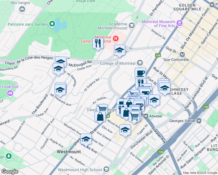 map of restaurants, bars, coffee shops, grocery stores, and more near 3500 Atwater Avenue in Montreal
