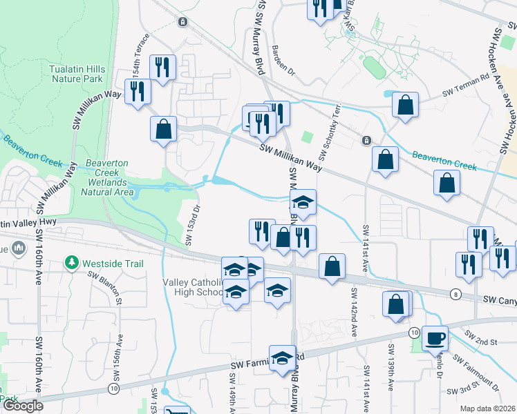 map of restaurants, bars, coffee shops, grocery stores, and more near 15005 SW Tualatin Valley Hwy in Beaverton