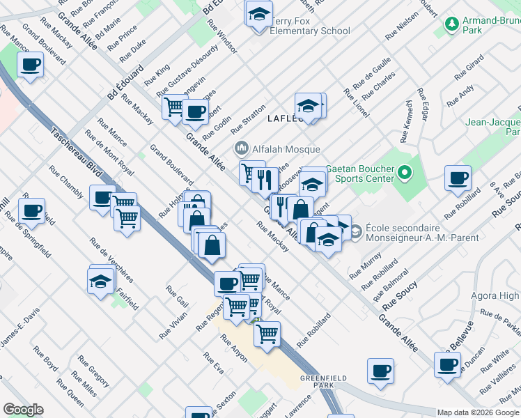 map of restaurants, bars, coffee shops, grocery stores, and more near 3650 Grande Allée in Longueuil