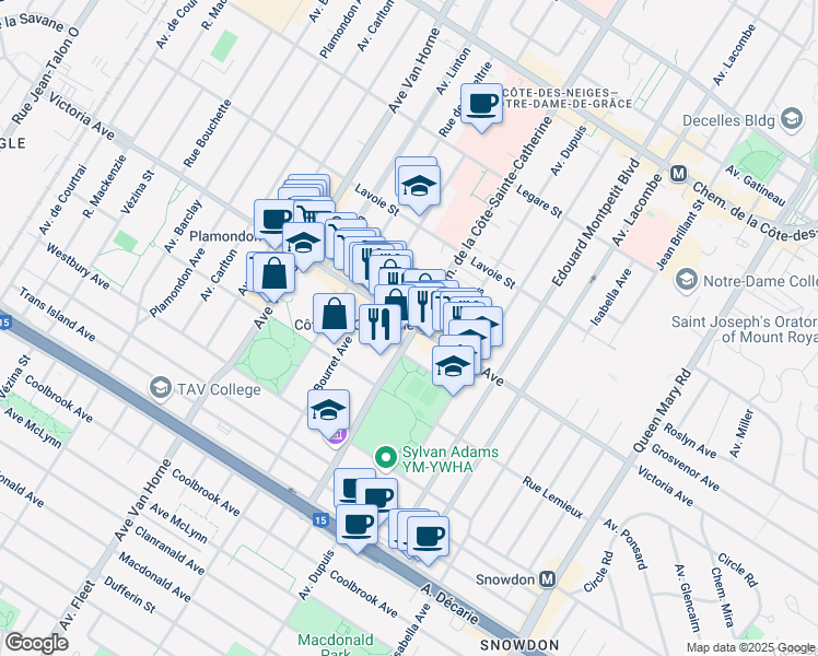 map of restaurants, bars, coffee shops, grocery stores, and more near 5700 Avenue Victoria in Montréal