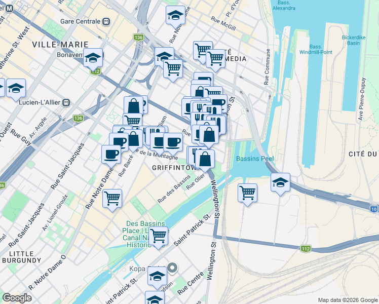 map of restaurants, bars, coffee shops, grocery stores, and more near 190 Rue Murray in Montréal