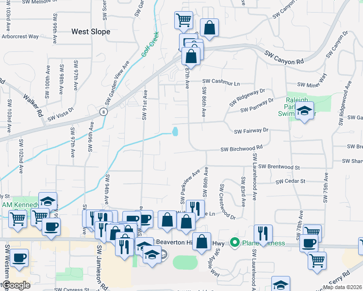 map of restaurants, bars, coffee shops, grocery stores, and more near 8795 Southwest Birchwood Road in Portland