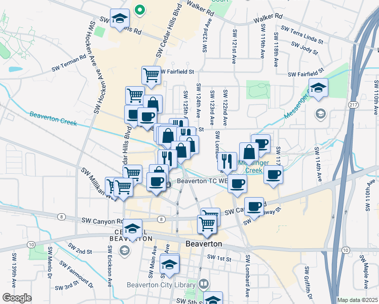 map of restaurants, bars, coffee shops, grocery stores, and more near 3830 Southwest Hall Boulevard in Beaverton