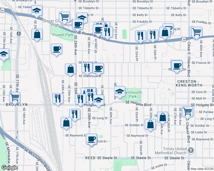 map of restaurants, bars, coffee shops, grocery stores, and more near 4223 Southeast 30th Avenue in Portland