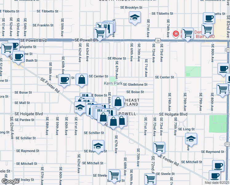 map of restaurants, bars, coffee shops, grocery stores, and more near 4143 Southeast 67th Avenue in Portland