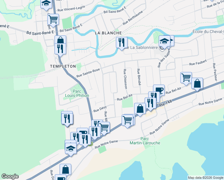 map of restaurants, bars, coffee shops, grocery stores, and more near 22 Rue Bissonnette in Gatineau
