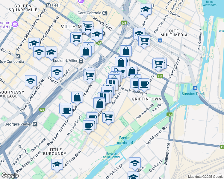 map of restaurants, bars, coffee shops, grocery stores, and more near 1333 Rue Notre-Dame Ouest in Montréal
