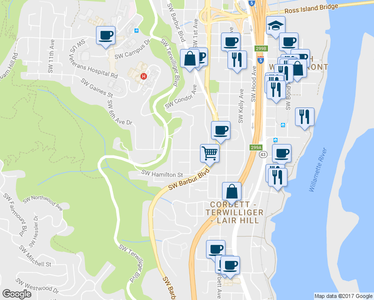 map of restaurants, bars, coffee shops, grocery stores, and more near 110 Southwest Bancroft Street in Portland