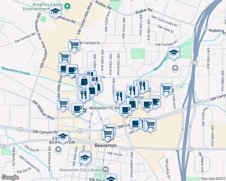 map of restaurants, bars, coffee shops, grocery stores, and more near in Beaverton