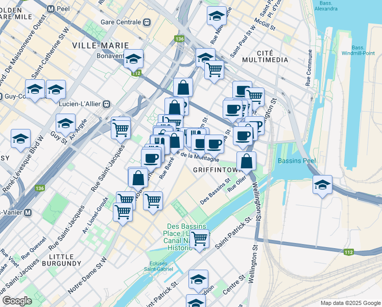 map of restaurants, bars, coffee shops, grocery stores, and more near 315 Rue de la Montagne in Montréal