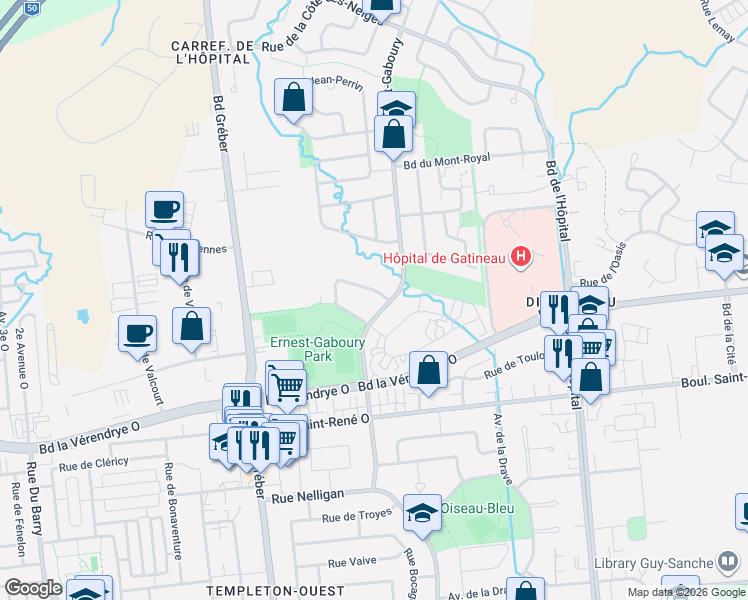 map of restaurants, bars, coffee shops, grocery stores, and more near 64 Rue de Grondines in Gatineau