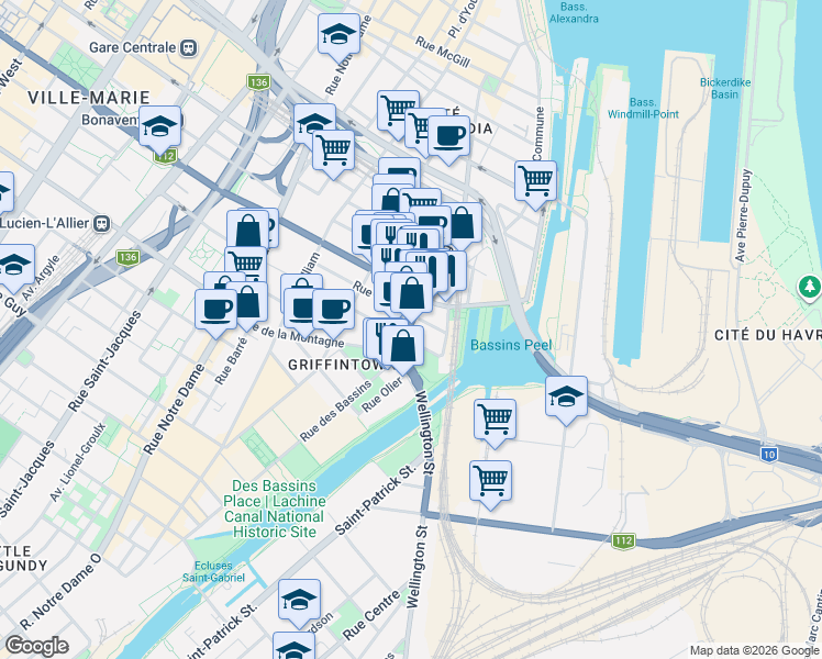 map of restaurants, bars, coffee shops, grocery stores, and more near 1140 Rue Wellington in Montréal