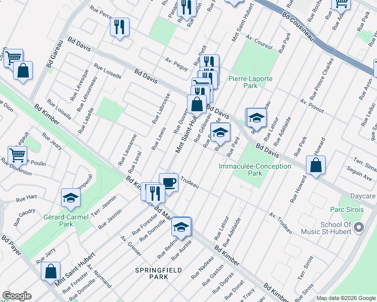 map of restaurants, bars, coffee shops, grocery stores, and more near 3750 Rue Gélineau in Longueuil