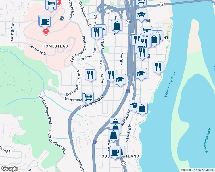map of restaurants, bars, coffee shops, grocery stores, and more near Southwest Bancroft Street in Portland