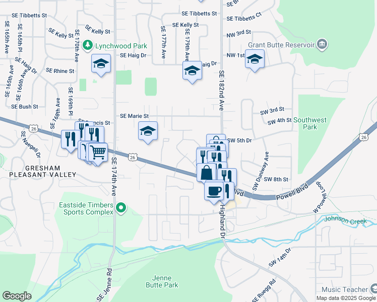 map of restaurants, bars, coffee shops, grocery stores, and more near 4501 Powell Boulevard in Gresham