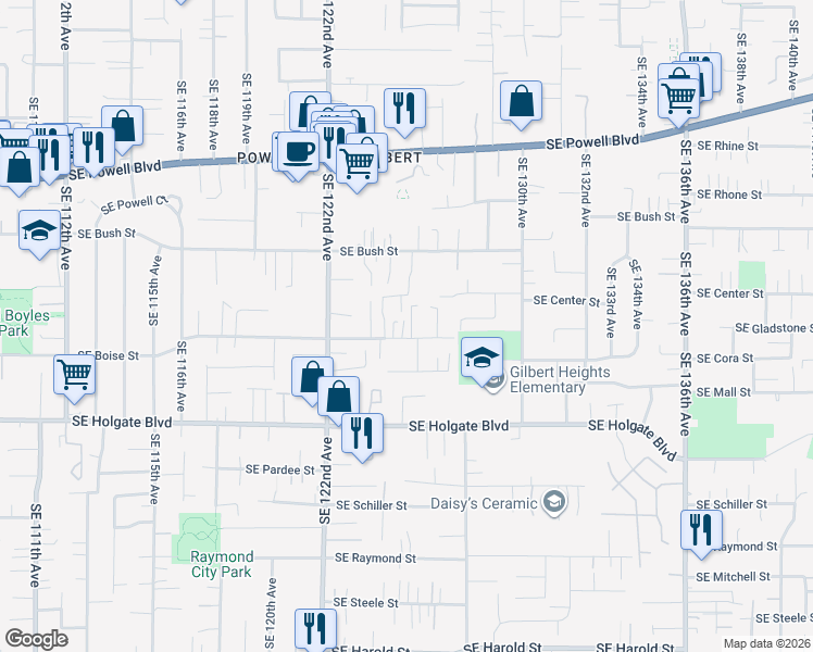 map of restaurants, bars, coffee shops, grocery stores, and more near 12425 Southeast Boise Street in Portland