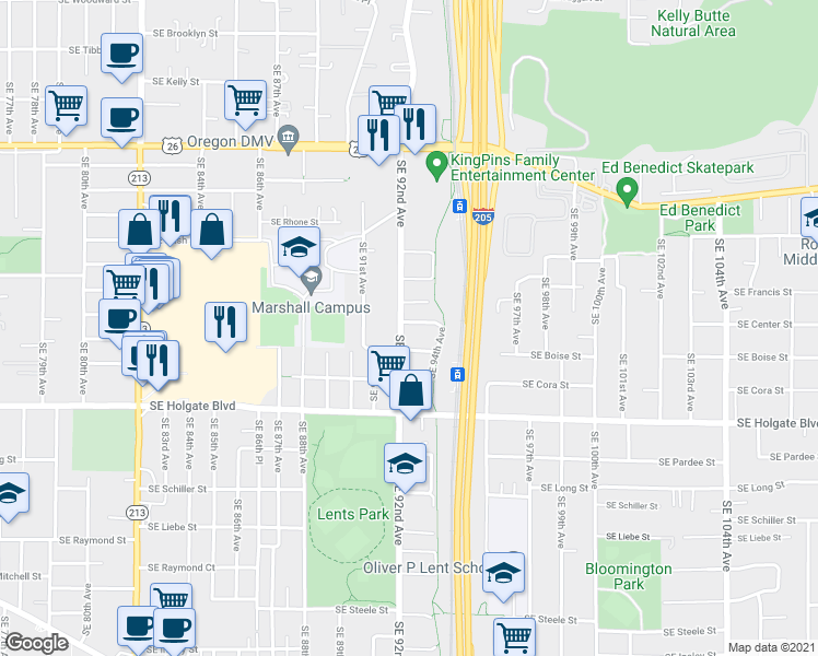 map of restaurants, bars, coffee shops, grocery stores, and more near 9229 Southeast Boise Street in Portland
