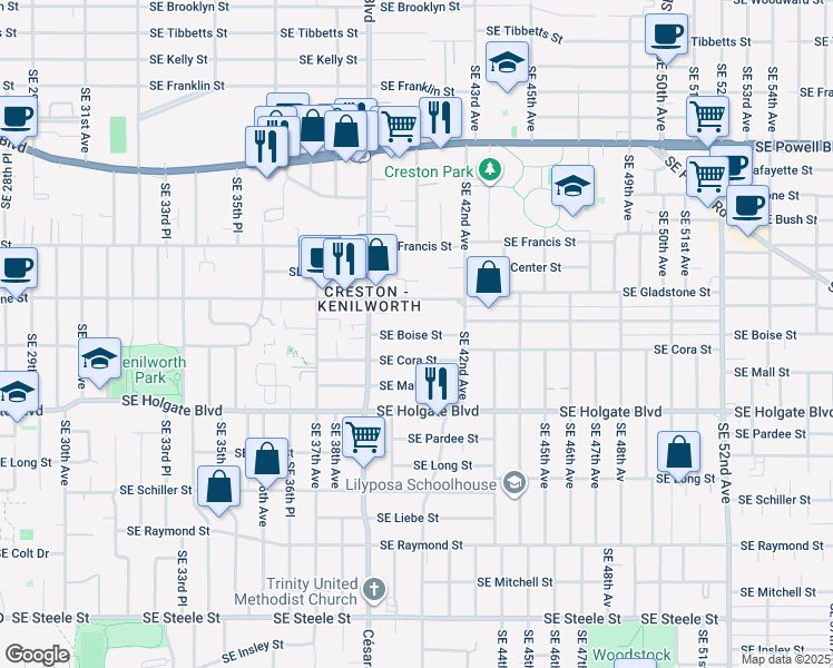 map of restaurants, bars, coffee shops, grocery stores, and more near 4023 Southeast Cora Street in Portland
