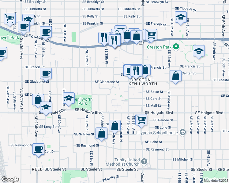 map of restaurants, bars, coffee shops, grocery stores, and more near 3508 Southeast Cora Drive in Portland