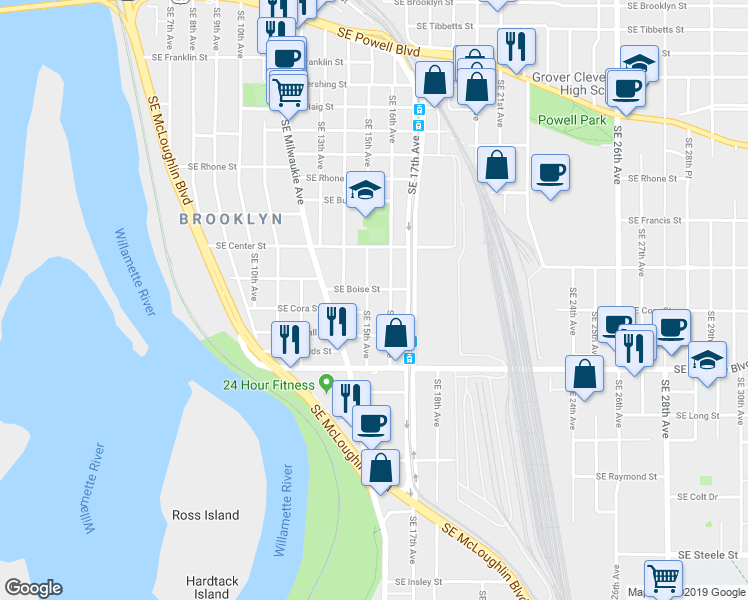 map of restaurants, bars, coffee shops, grocery stores, and more near 4305 Southeast 15th Avenue in Portland