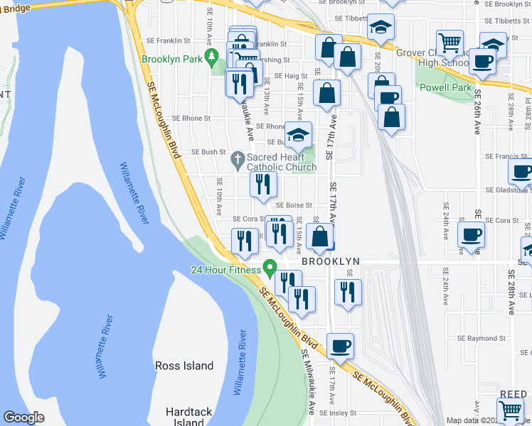 map of restaurants, bars, coffee shops, grocery stores, and more near 4307 Southeast Milwaukie Avenue in Portland