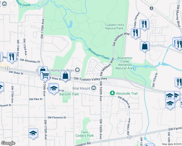 map of restaurants, bars, coffee shops, grocery stores, and more near 16245 Southwest Audubon Street in Beaverton