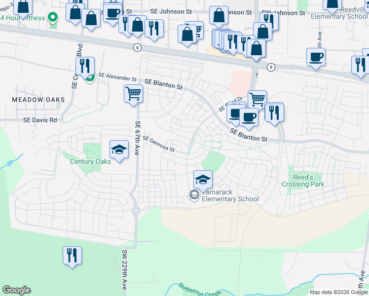 map of restaurants, bars, coffee shops, grocery stores, and more near 3809 Southeast Reed Drive in Hillsboro