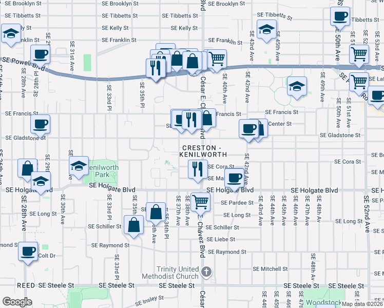 map of restaurants, bars, coffee shops, grocery stores, and more near 4145 Southeast Cesar Estrada Chavez Boulevard in Portland